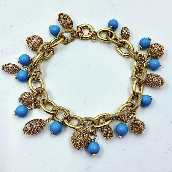 14K Yellow Gold And Turquoise Charm Bracelet - Picture 2 of 4